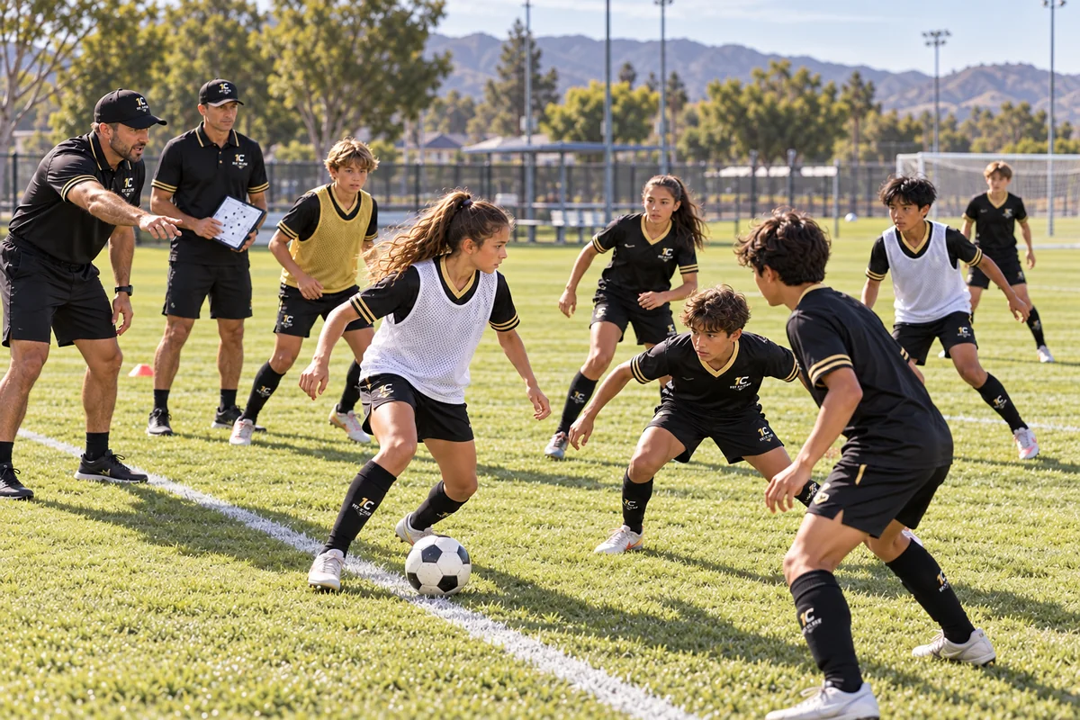 Club players compete in a game with coaches guiding from the touchline