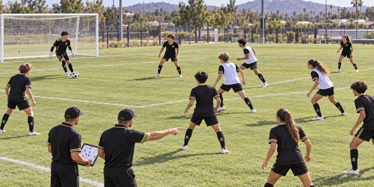 Children playing soccer while their coaches guide the game