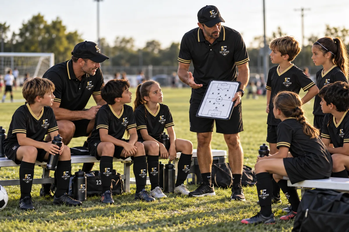 A 1st Class coach explains a written soccer session plan to a group of children